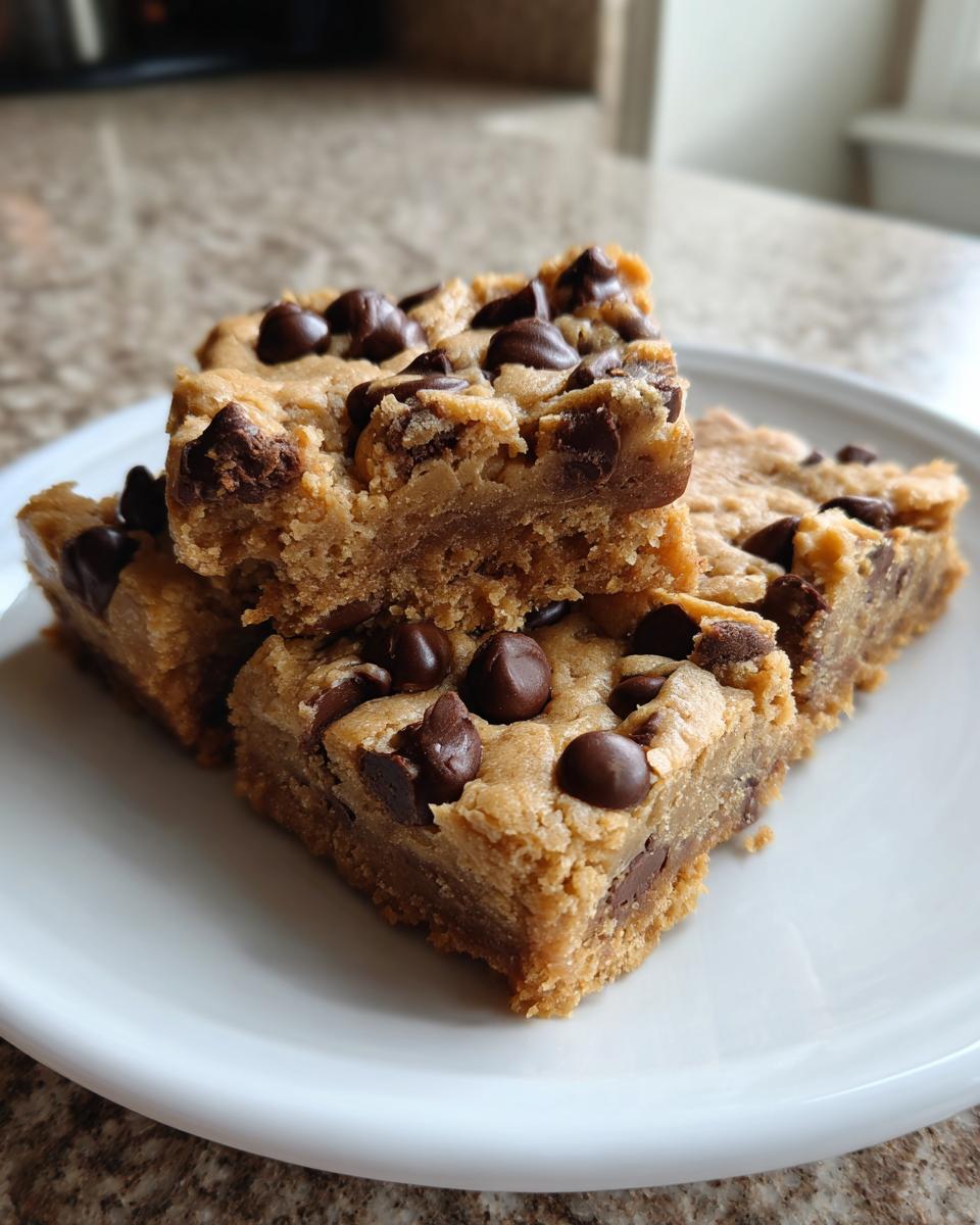 A stack of three thick peanut butter chocolate chip cookie bars loaded with chocolate chips on a white plate.