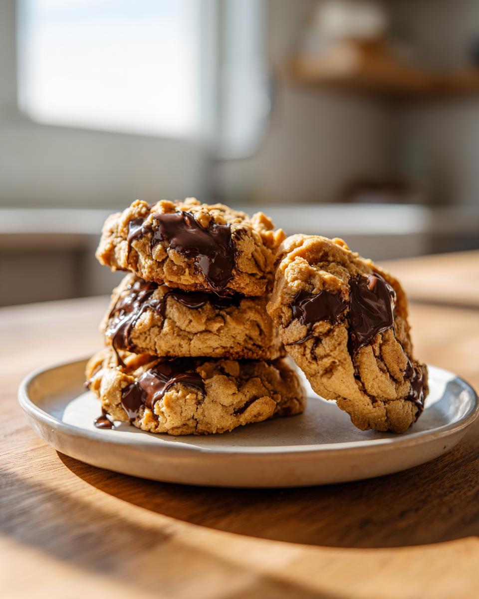 A stack of four decadent peanut butter chocolate chip cookies drizzled with melted chocolate, sitting on a small plate.