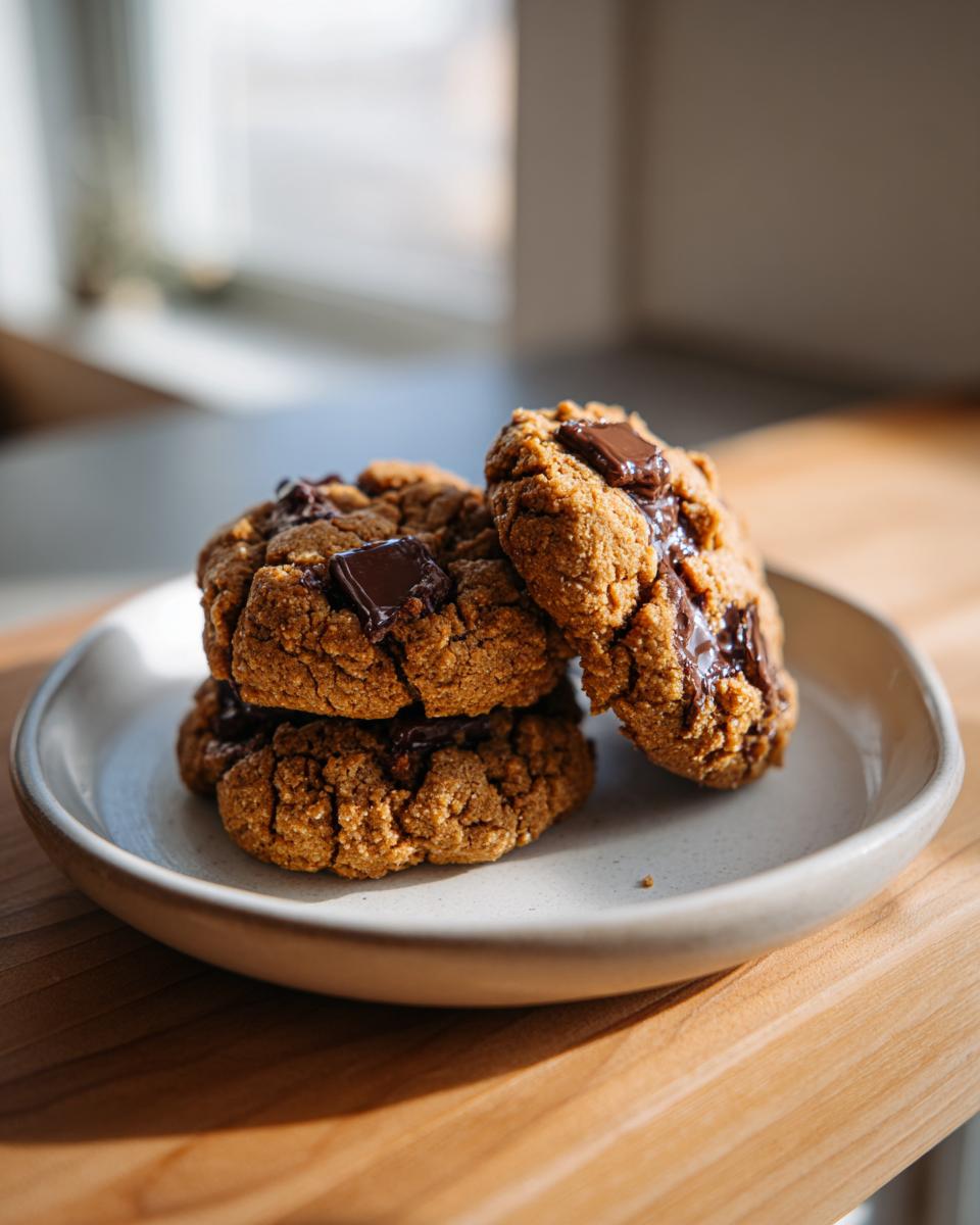 A stack of three soft peanut butter chocolate chip cookies with melted chocolate chunks on a light ceramic plate.