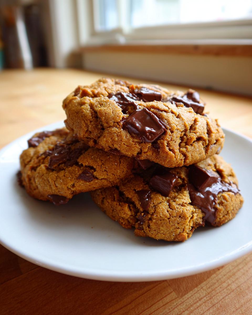 A stack of three thick peanut butter chocolate chip cookies with melted chocolate chunks on a white plate.