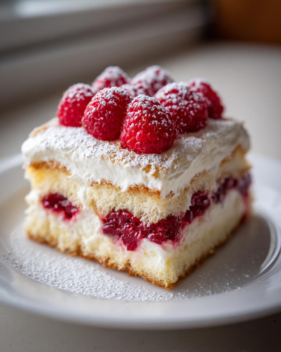 A perfect slice of raspberry tiramisu layered with cream and sponge cake, topped with fresh raspberries and powdered sugar.