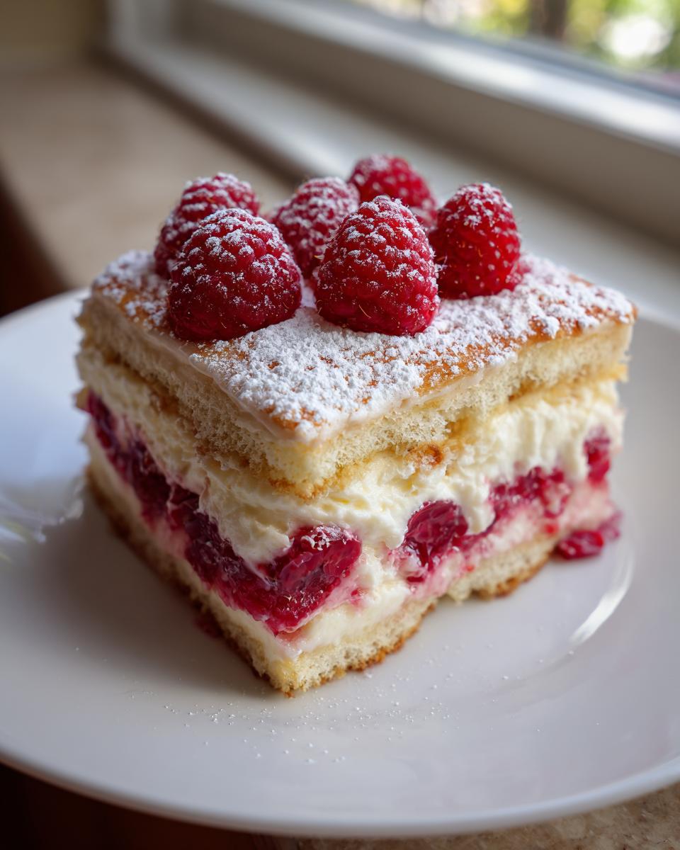 A square slice of raspberry tiramisu layered with cream and fruit, topped with fresh raspberries and powdered sugar.