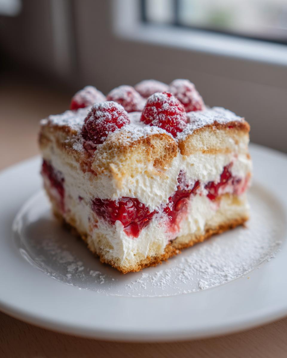 A perfect slice of raspberry tiramisu featuring layers of cream, soaked cake, and fresh raspberries, dusted with powdered sugar.