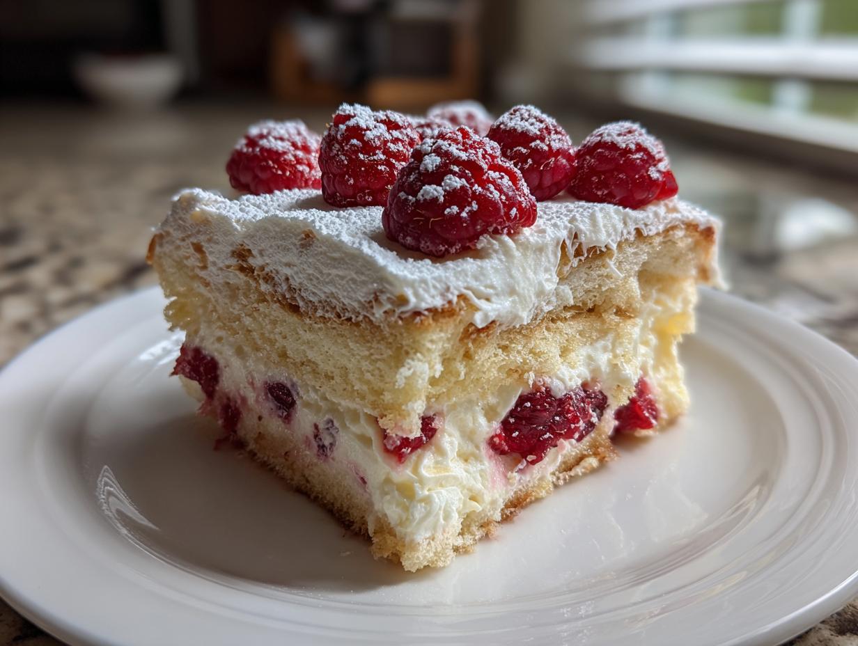 A perfect slice of raspberry tiramisu featuring layers of sponge cake, cream, and fresh raspberries, dusted with powdered sugar.