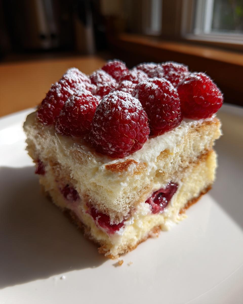 Close-up of a square slice of raspberry tiramisu layered with cream and cake, topped with fresh raspberries and powdered sugar.