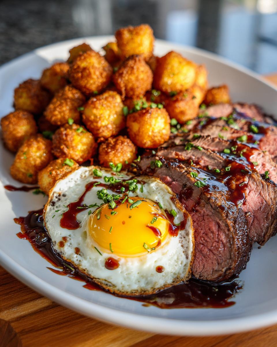 Sliced rib eyes cherries roast served with a fried egg, dark sauce, and a pile of golden fried okra balls.