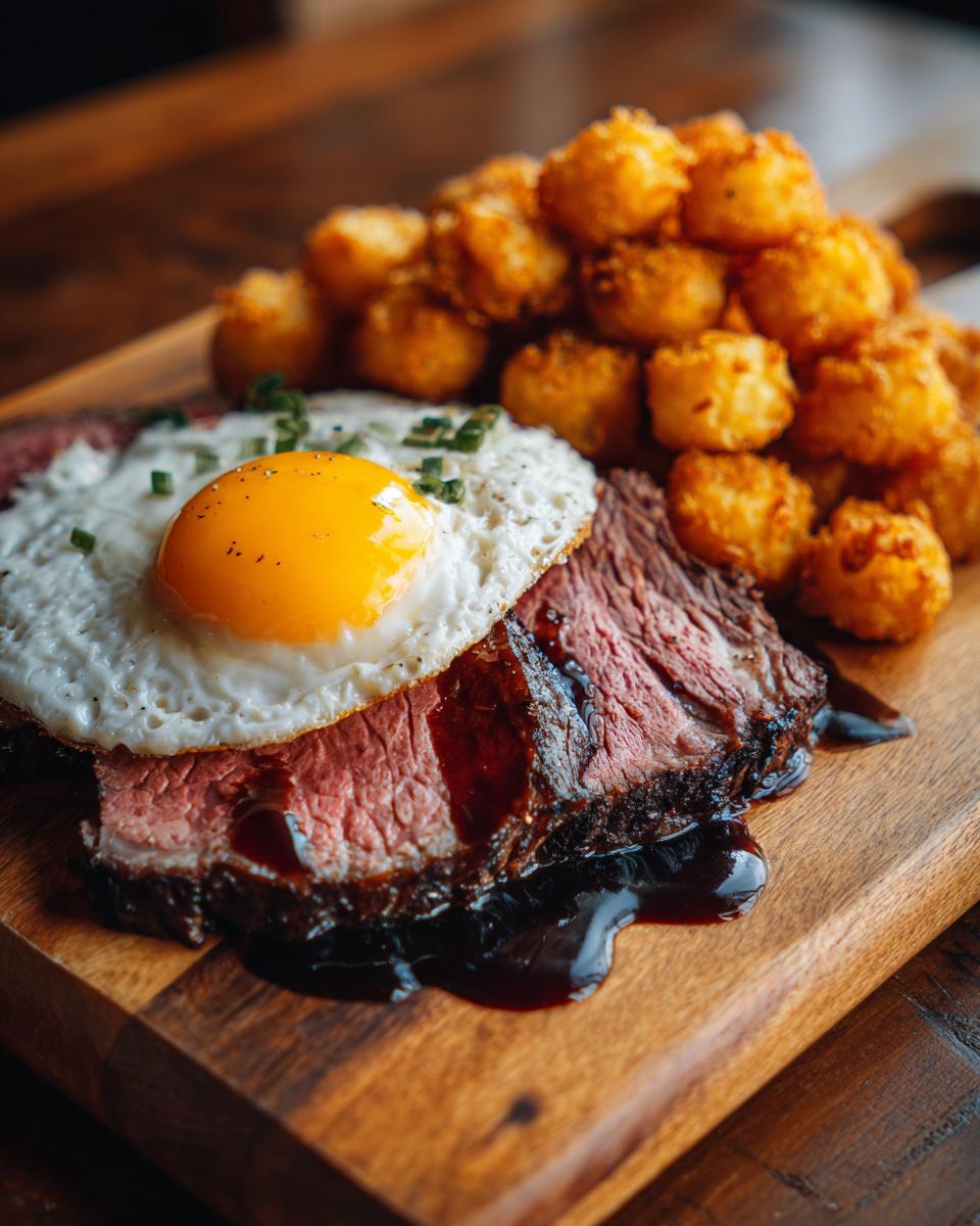 A thick slice of medium-rare rib eyes cherries roast topped with a sunny-side-up egg, served with tater tots on a wooden board.