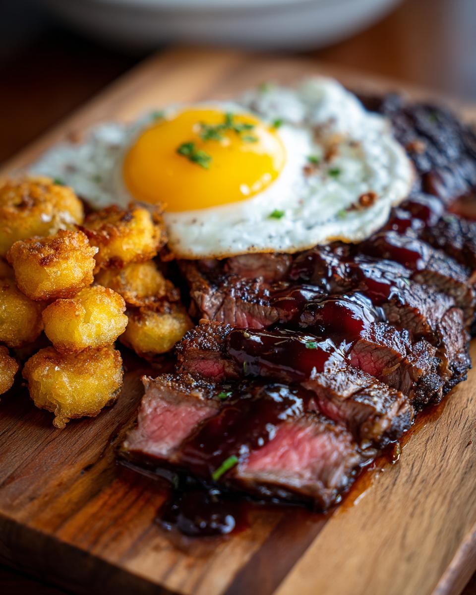 Sliced rib eyes cherries roast topped with a fried egg and served alongside fried okra on a wooden board.