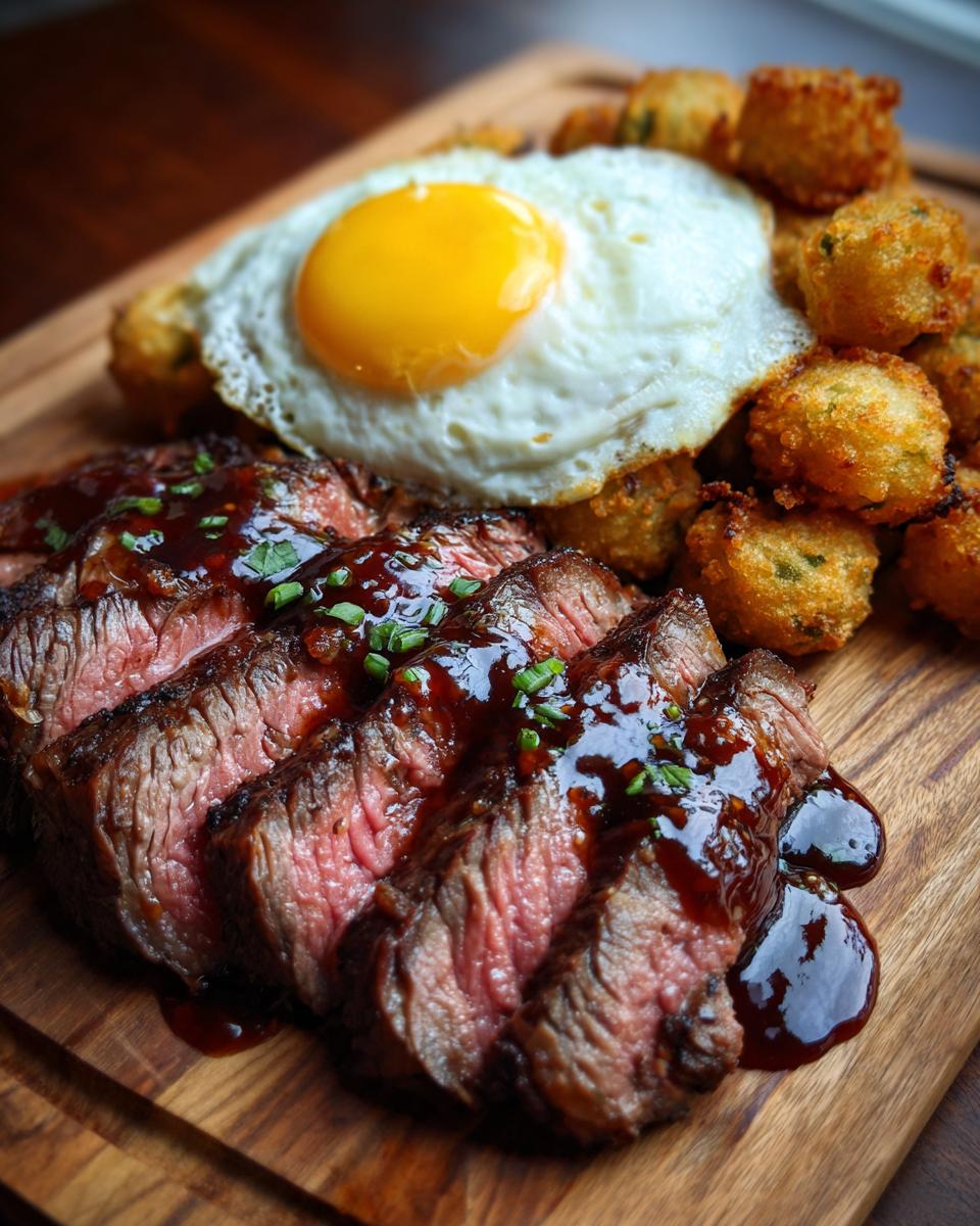 Close-up of sliced rib eyes cherries roast topped with dark sauce, served with a sunny-side-up egg and fried okra.