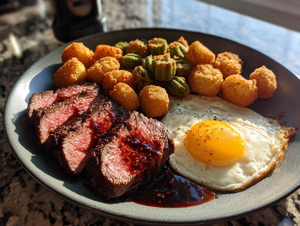 Sliced medium-rare rib eyes cherries roast served with fried okra, a sunny-side-up egg, and sauce on a dark plate.