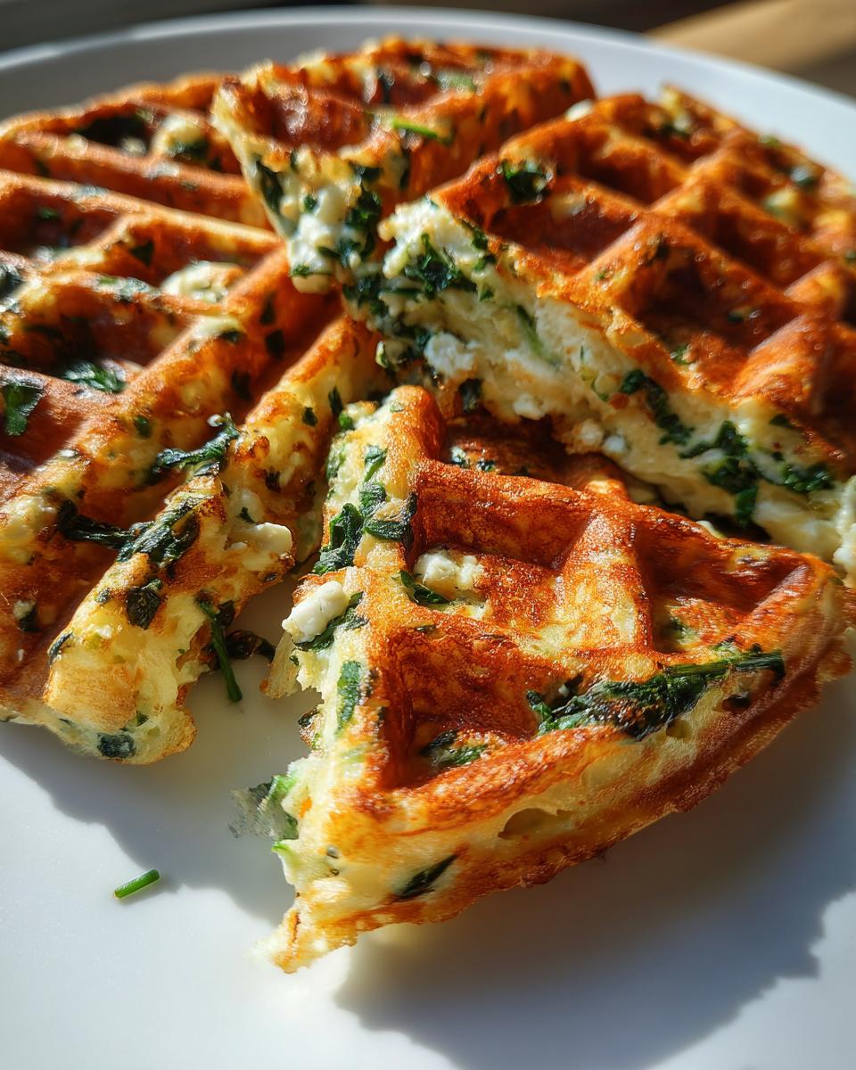 Close-up of golden brown high-protein savory oat waffles filled with spinach and cheese, cut into pieces.