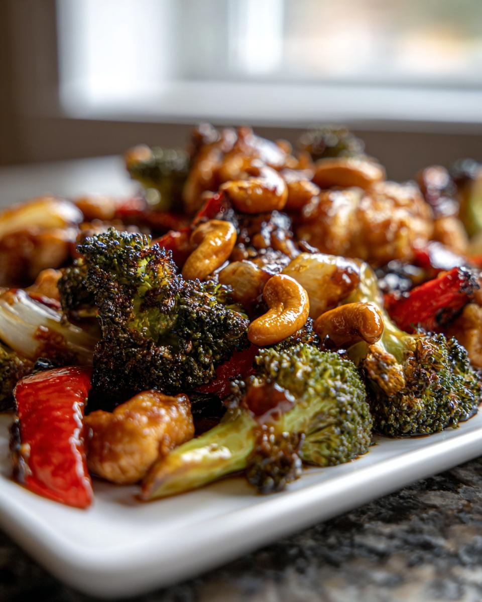 Close-up of glazed chicken pieces, roasted broccoli, red peppers, and cashews from the sheet pan cashew chicken recipe.