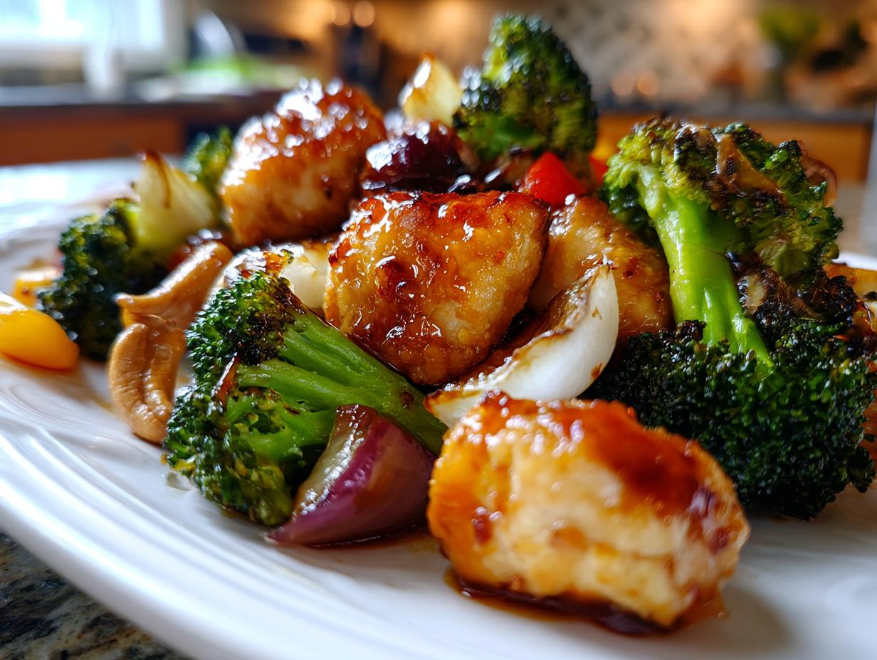 Close-up of glazed chicken pieces mixed with bright green broccoli, cashews, and red onion from the sheet pan cashew chicken recipe.