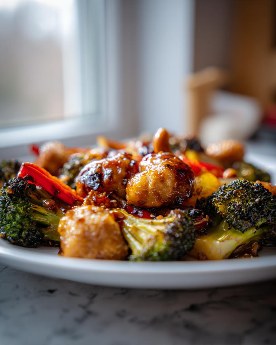 Close-up of glazed chicken pieces and roasted broccoli from the sheet pan cashew chicken recipe.