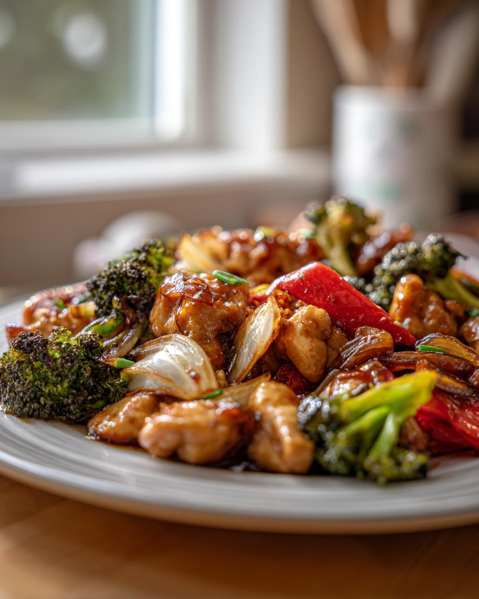 Close-up of plated sheet pan cashew chicken recipe featuring glazed chicken, charred broccoli florets, red peppers, and onions.