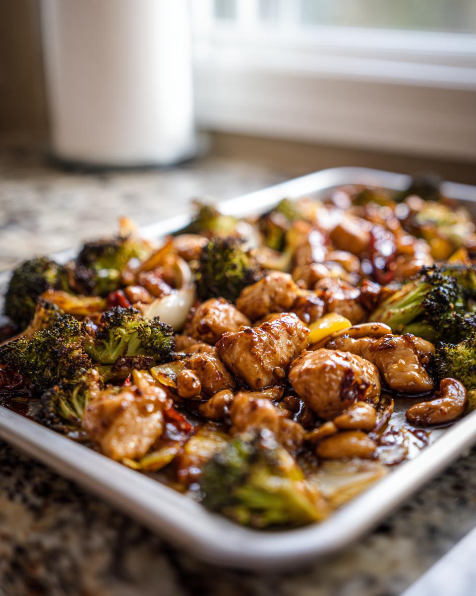 Close-up of glazed chicken pieces, broccoli florets, and cashews on a white sheet pan from the sheet pan cashew chicken recipe.