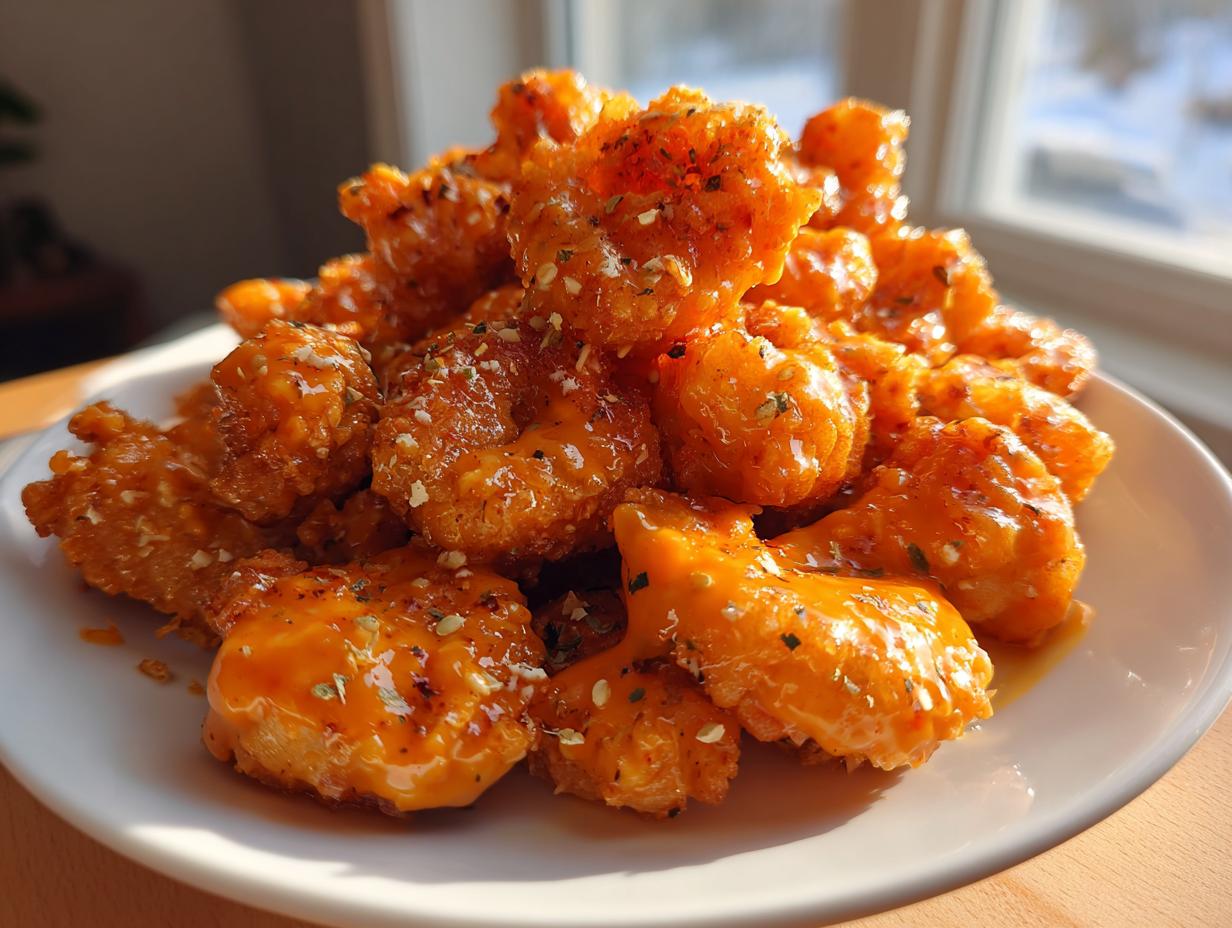 A mound of crispy fried shrimp generously coated in vibrant orange bang bang shrimp sauce and sprinkled with herbs.