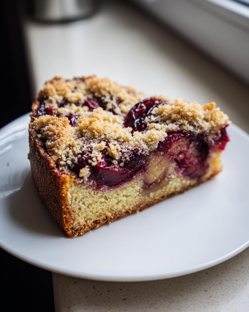 A close-up of a moist slice of german plum cake featuring dark plums and a golden streusel topping on a white plate.