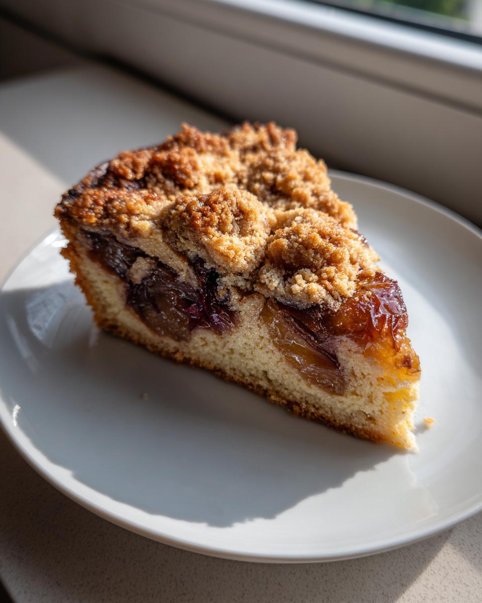 A close-up slice of moist german plum cake featuring baked plums and a thick, golden streusel topping on a white plate.