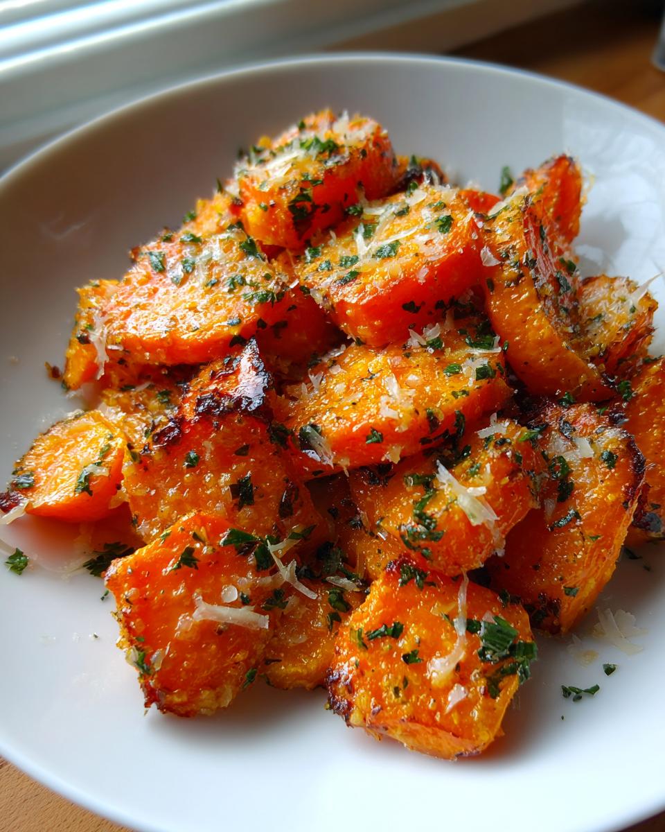 Close-up of bright orange smashed carrot bites topped with grated Parmesan cheese and fresh parsley.