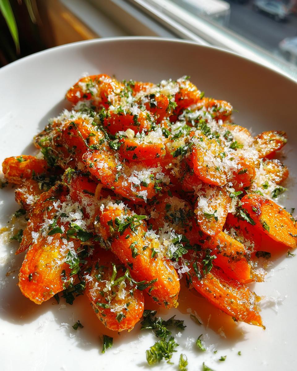 Close-up of glistening, roasted smashed carrot bites topped with grated Parmesan cheese and fresh parsley.