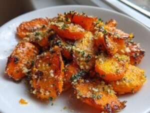 Close-up of roasted, slightly charred smashed carrot bites topped with grated Parmesan cheese and fresh parsley.