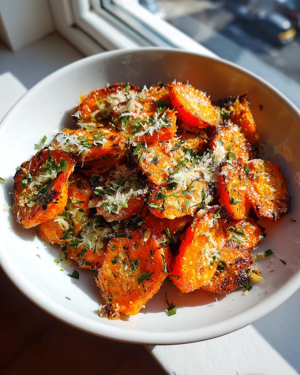 Close-up of roasted, smashed carrot bites topped with grated Parmesan cheese and fresh parsley.