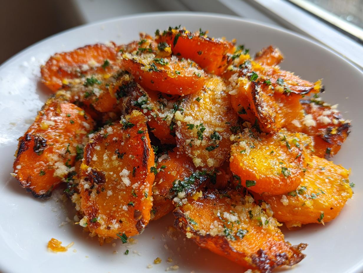 Close-up of roasted, slightly charred smashed carrot bites topped with grated Parmesan cheese and fresh parsley.