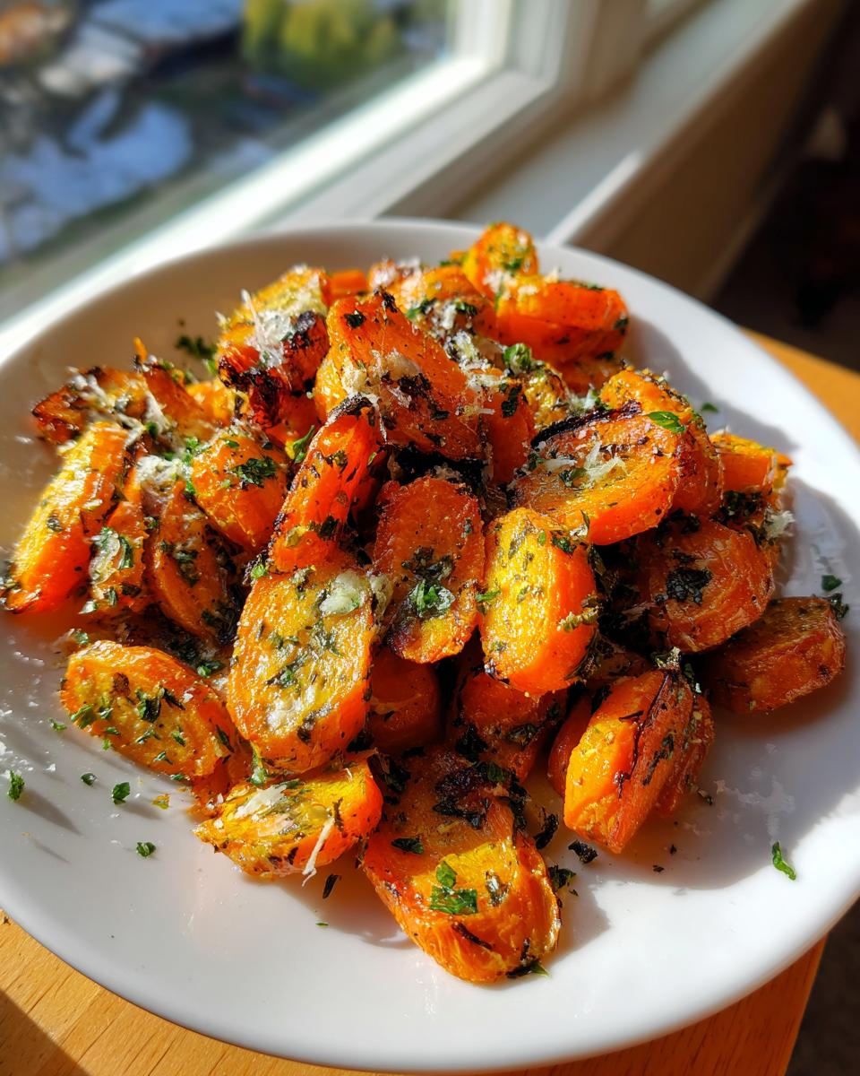 A white plate filled with roasted, bright orange smashed carrot bites, topped with grated cheese and chopped parsley.