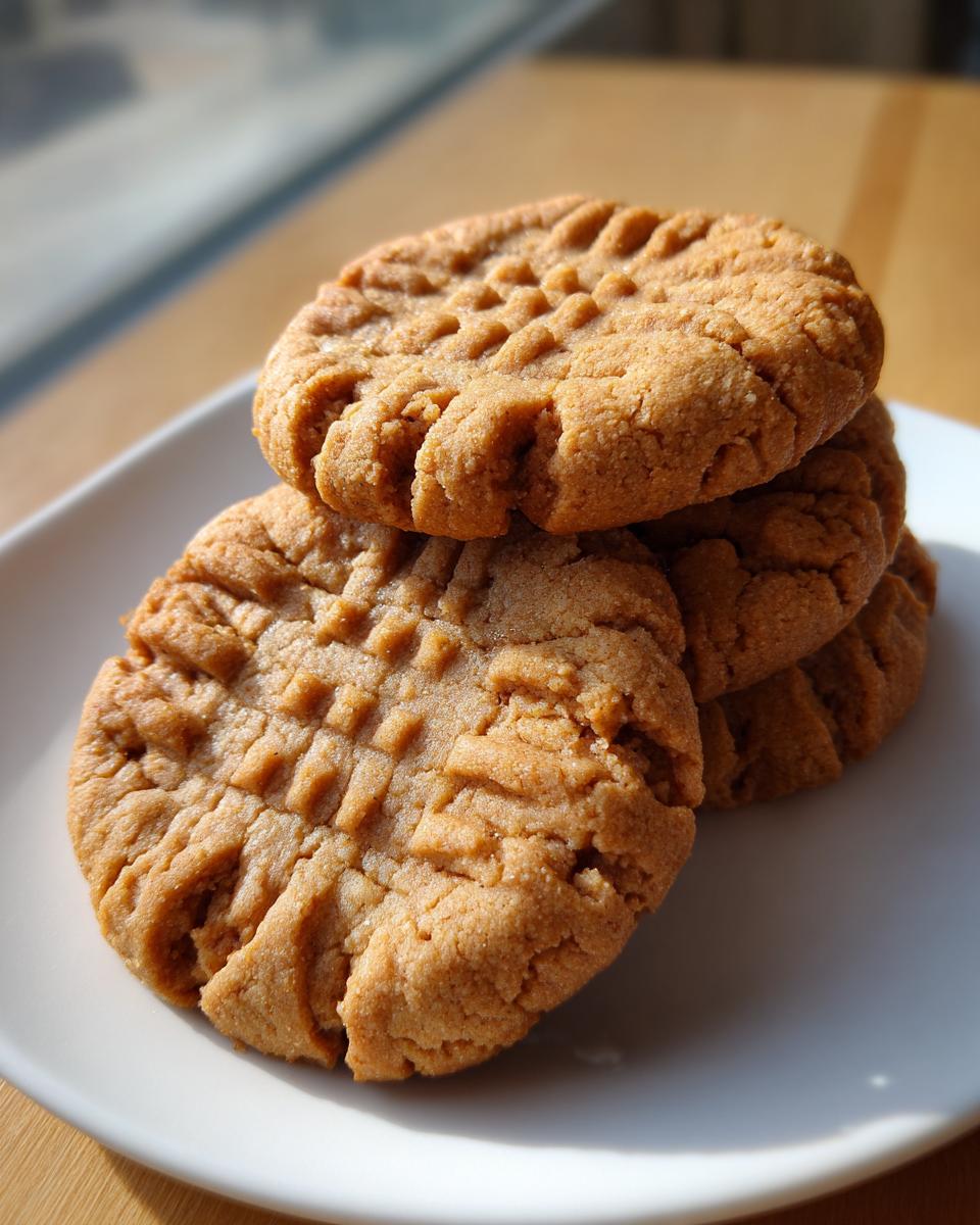 A stack of three golden brown softest peanut butter cookies featuring classic crosshatch fork marks, resting on a white plate.