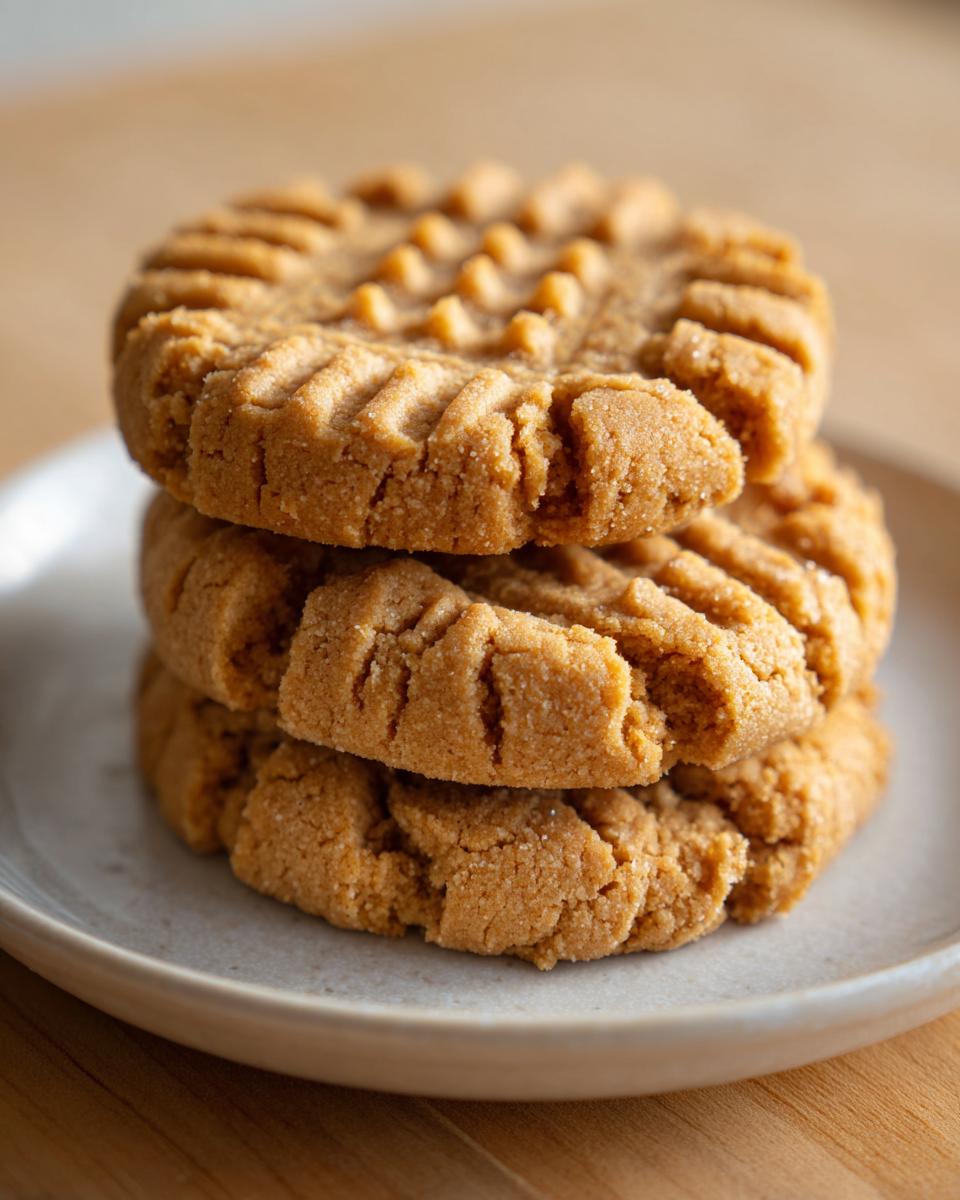 A close-up stack of three softest peanut butter cookies showing classic criss-cross fork marks.