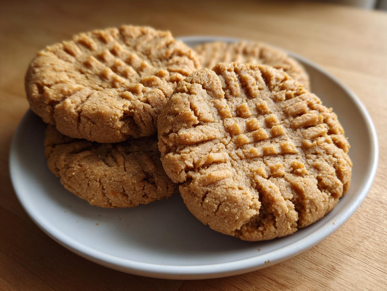 Close-up of four softest peanut butter cookies with classic crisscross fork marks stacked on a small white plate.