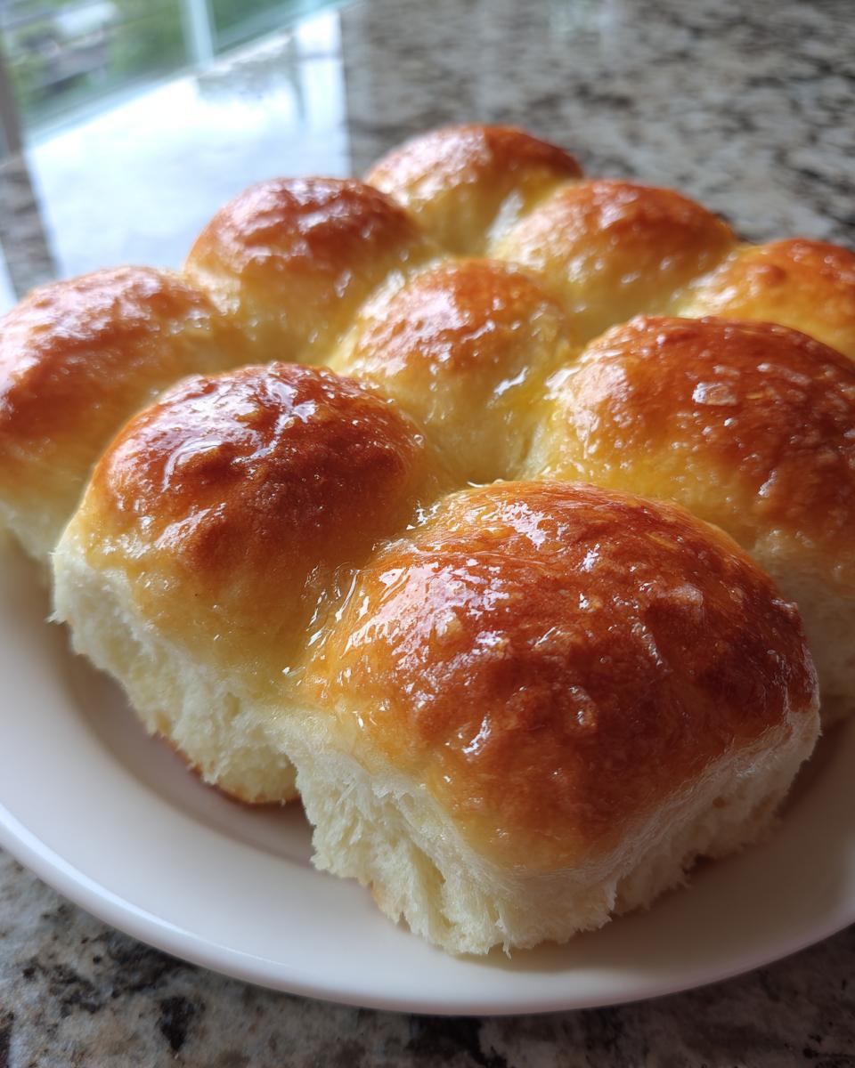 A cluster of golden brown sourdough discard dinner rolls, brushed with a shiny glaze, resting on a white plate.