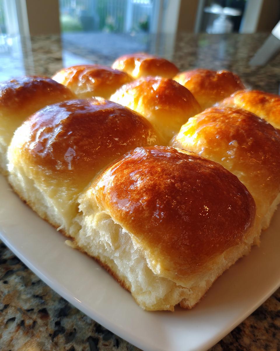 A close-up of freshly baked, glossy sourdough discard dinner rolls arranged on a white serving dish.