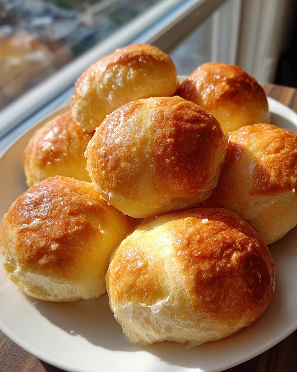 A stack of freshly baked, golden brown sourdough discard dinner rolls with a shiny glaze, sitting on a white plate.
