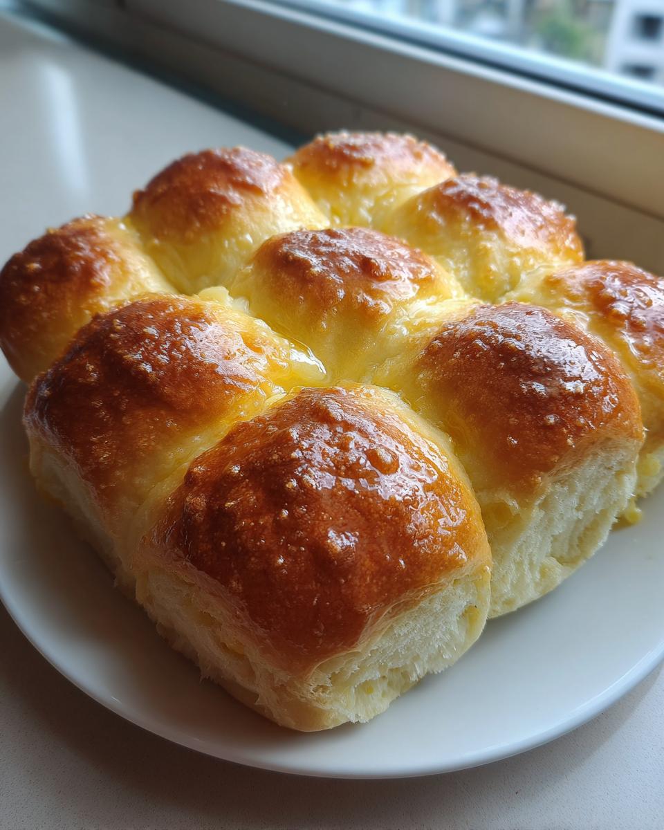 A batch of freshly baked, golden brown sourdough discard dinner rolls, glistening with butter, served on a white plate.