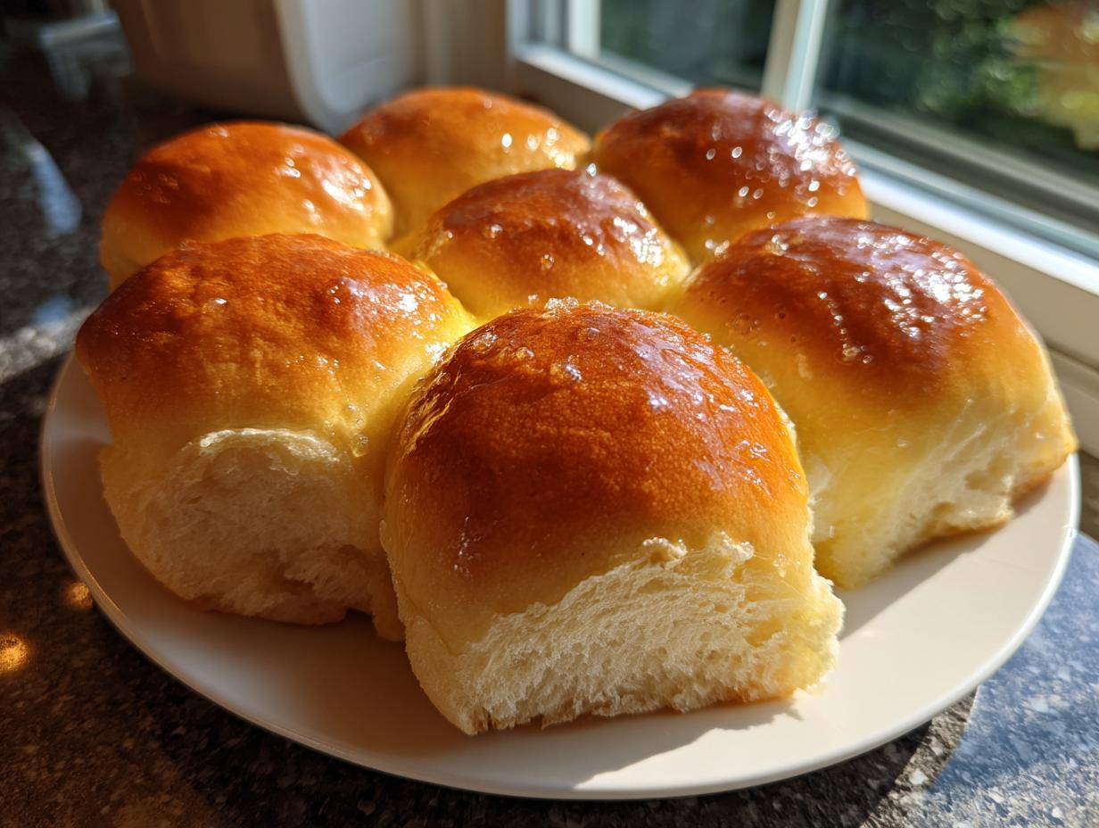 A plate of six golden brown sourdough discard dinner rolls with a shiny glaze, sitting near a window.