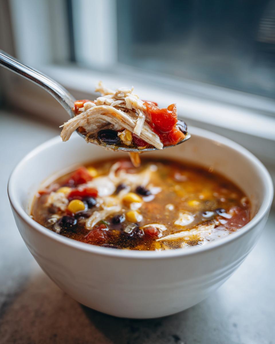 A spoonful of shredded chicken, black beans, and tomatoes being lifted from a bowl of rich chicken taco soup.