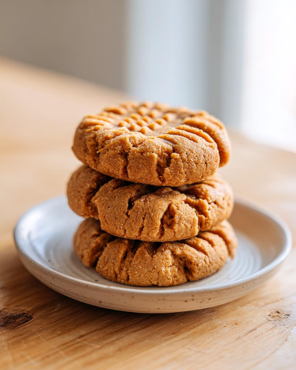 A stack of three thick, softest peanut butter cookies with classic fork marks, resting on a small ceramic plate.