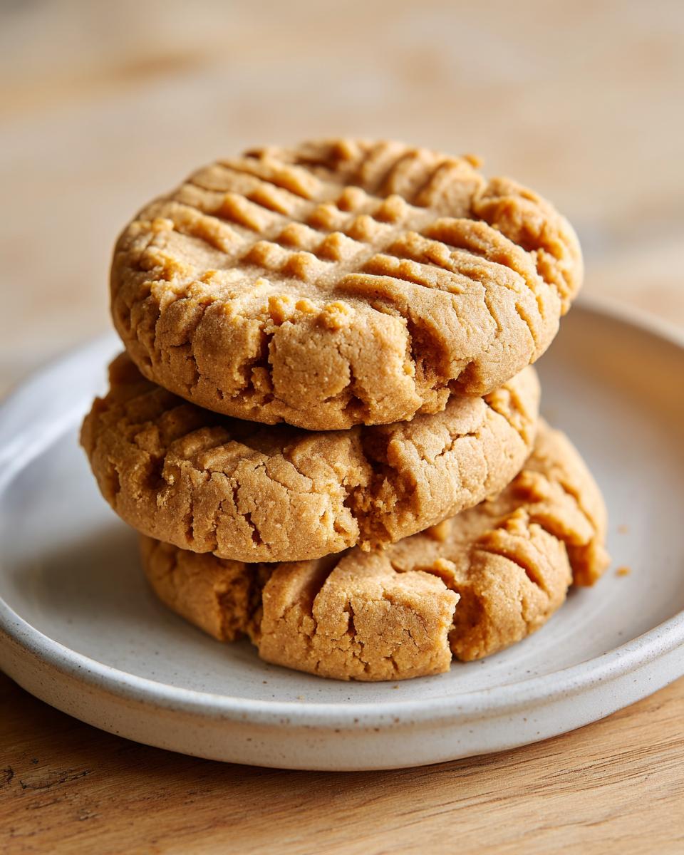 A stack of three thick, softest peanut butter cookies showing classic cross-hatch fork marks on a light ceramic plate.