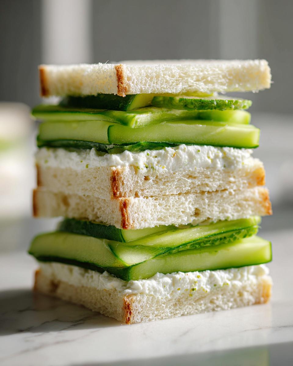 A tall stack of refined cucumber sandwiches showing layers of white bread, cream cheese spread, and thinly sliced cucumbers.