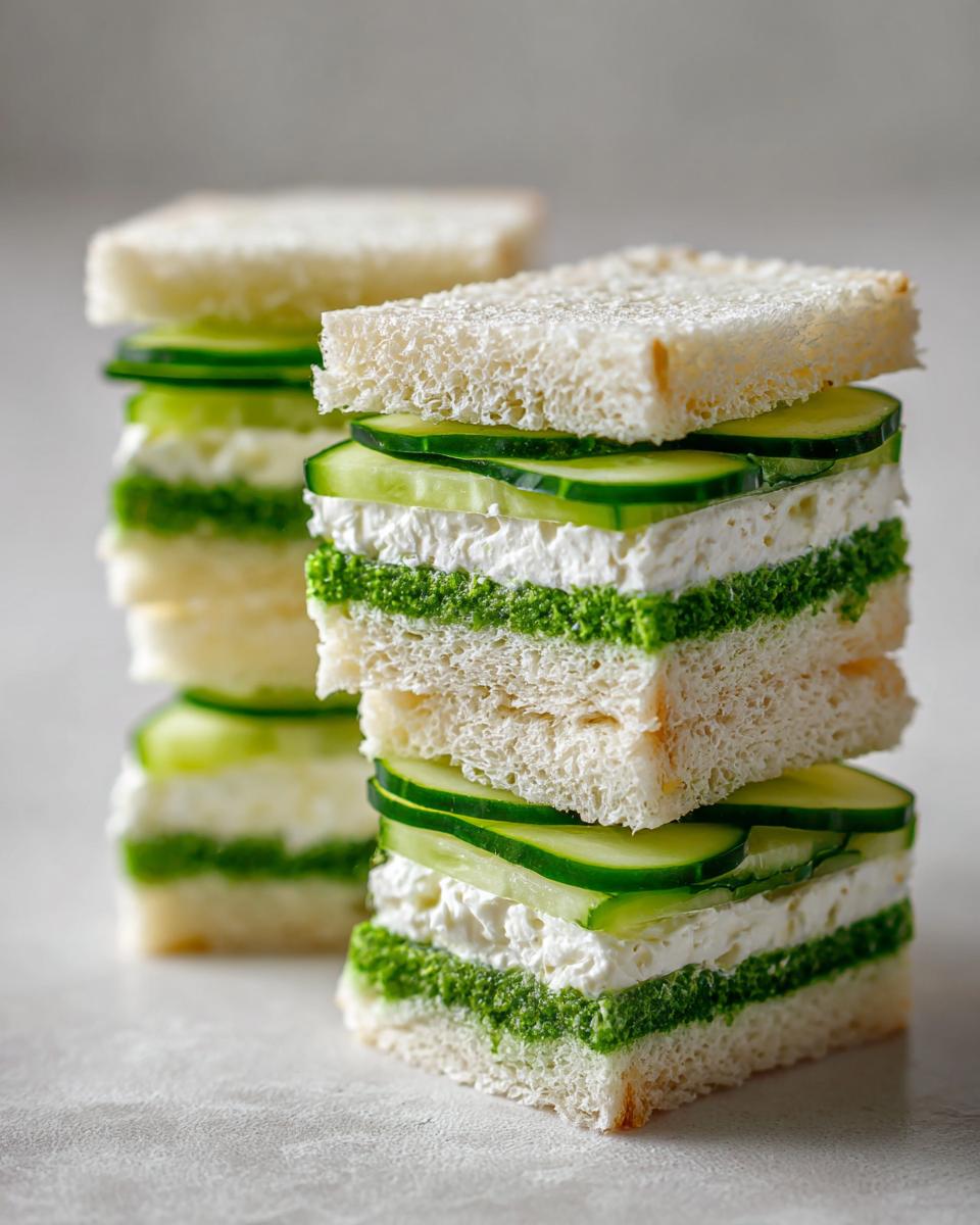 Two stacks of elegant cucumber sandwiches featuring white bread, cream cheese, sliced cucumbers, and a vibrant green spread.