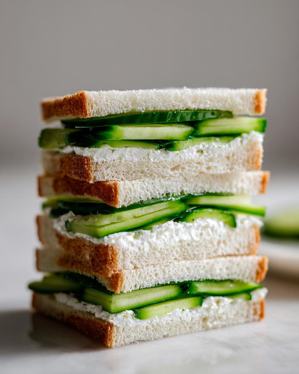 A tall stack of three layers of delicate cucumber sandwiches featuring white bread, cream cheese, and thinly sliced cucumbers.