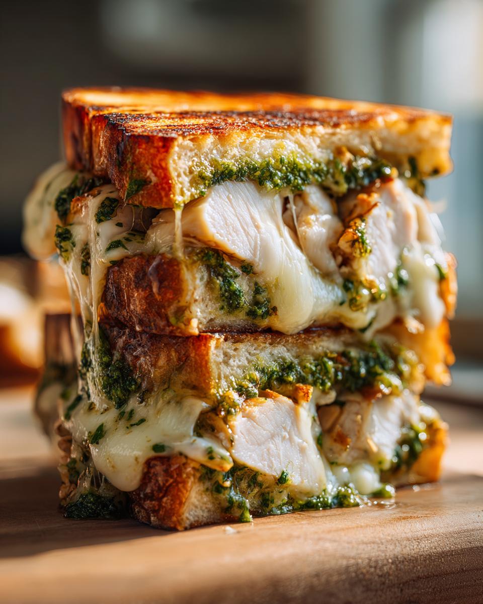 Close-up of a stacked grilled chicken pesto sandwich with melted mozzarella cheese oozing out.