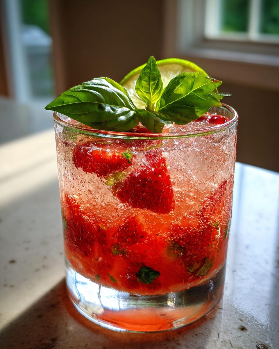 Close-up of a vibrant strawberry basil margarita recipe cocktail filled with muddled strawberries and ice, garnished with basil and lime.