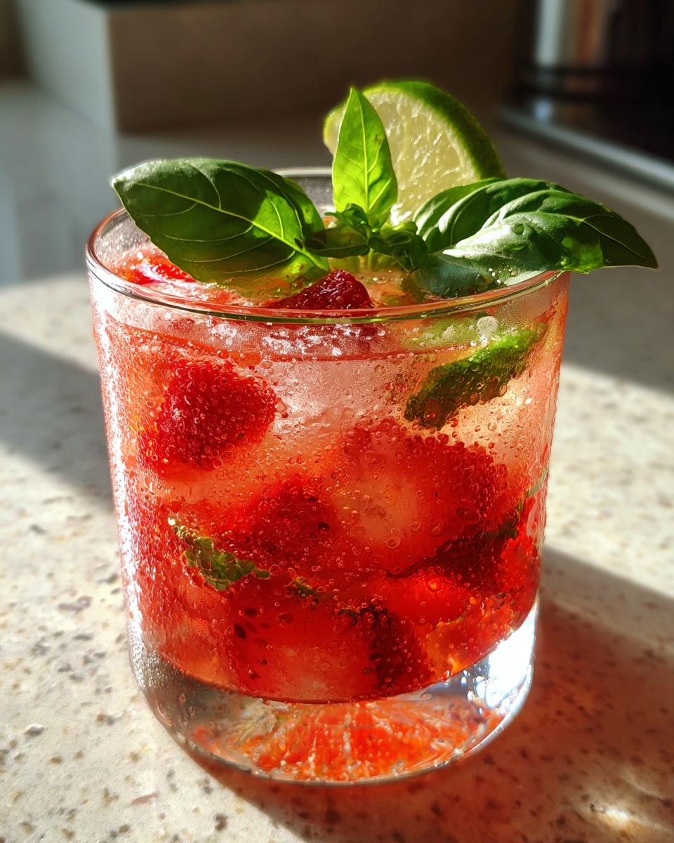 A close-up of a refreshing strawberry basil margarita filled with muddled strawberries, basil leaves, and ice, garnished with a lime wedge.