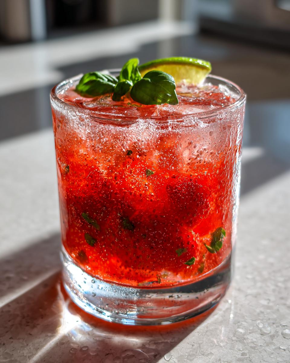 Close-up of a vibrant strawberry basil margarita cocktail filled with muddled fruit and ice, garnished with basil leaves and lime.
