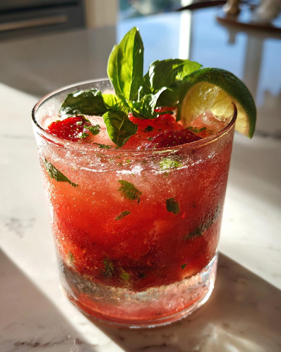 A vibrant, icy strawberry basil margarita garnished with fresh basil leaves and a lime wedge.