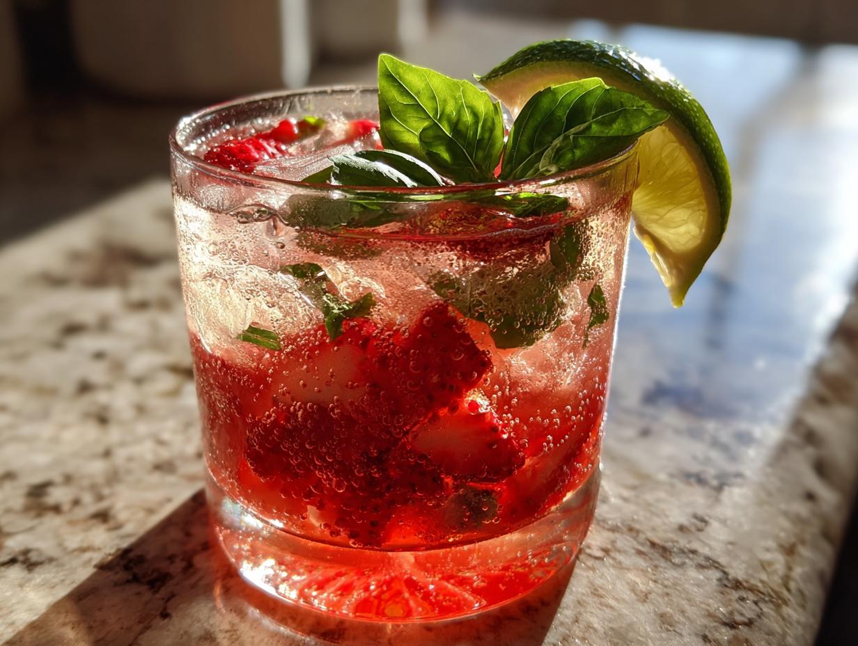 Close-up of a sparkling strawberry basil margarita cocktail filled with ice, strawberries, and garnished with fresh basil leaves and a lime wedge.