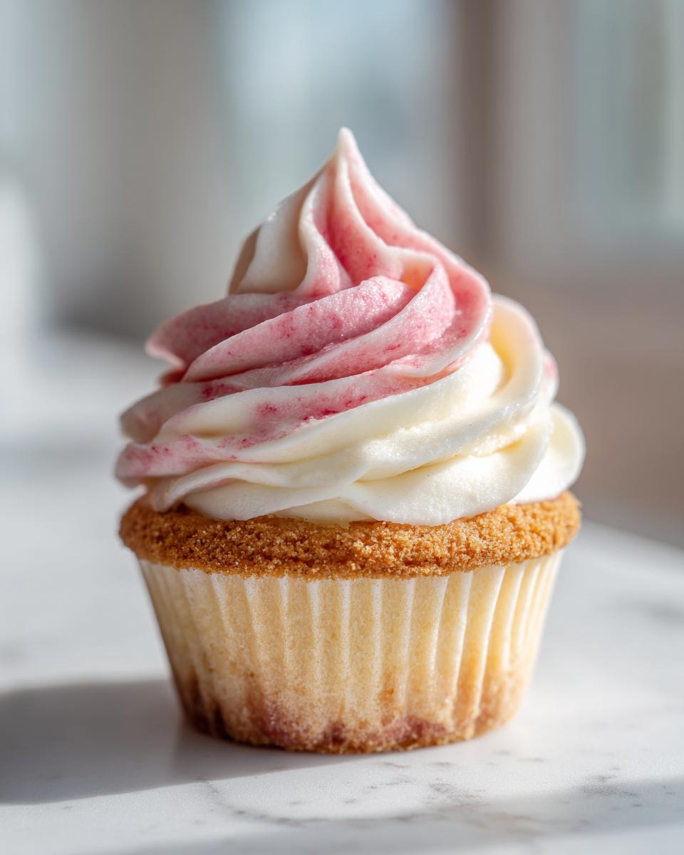 A single, beautifully frosted strawberry cheesecake cupcake with swirled pink and white cream cheese frosting.